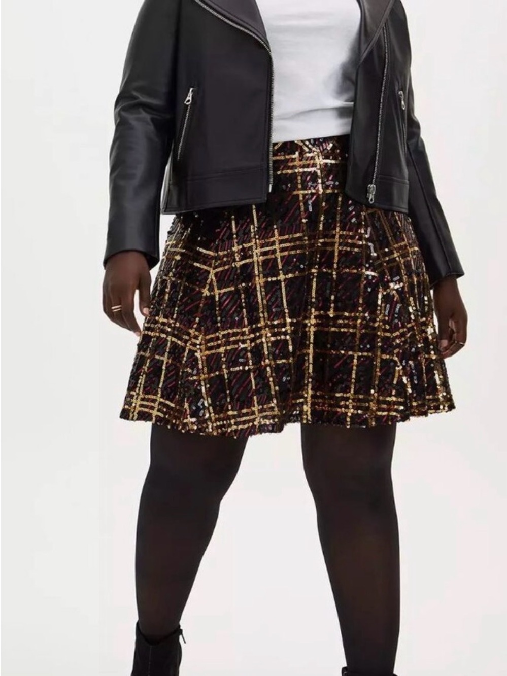 torrid Black Plaid Sequin Skater Skirt with Red & Gold accent